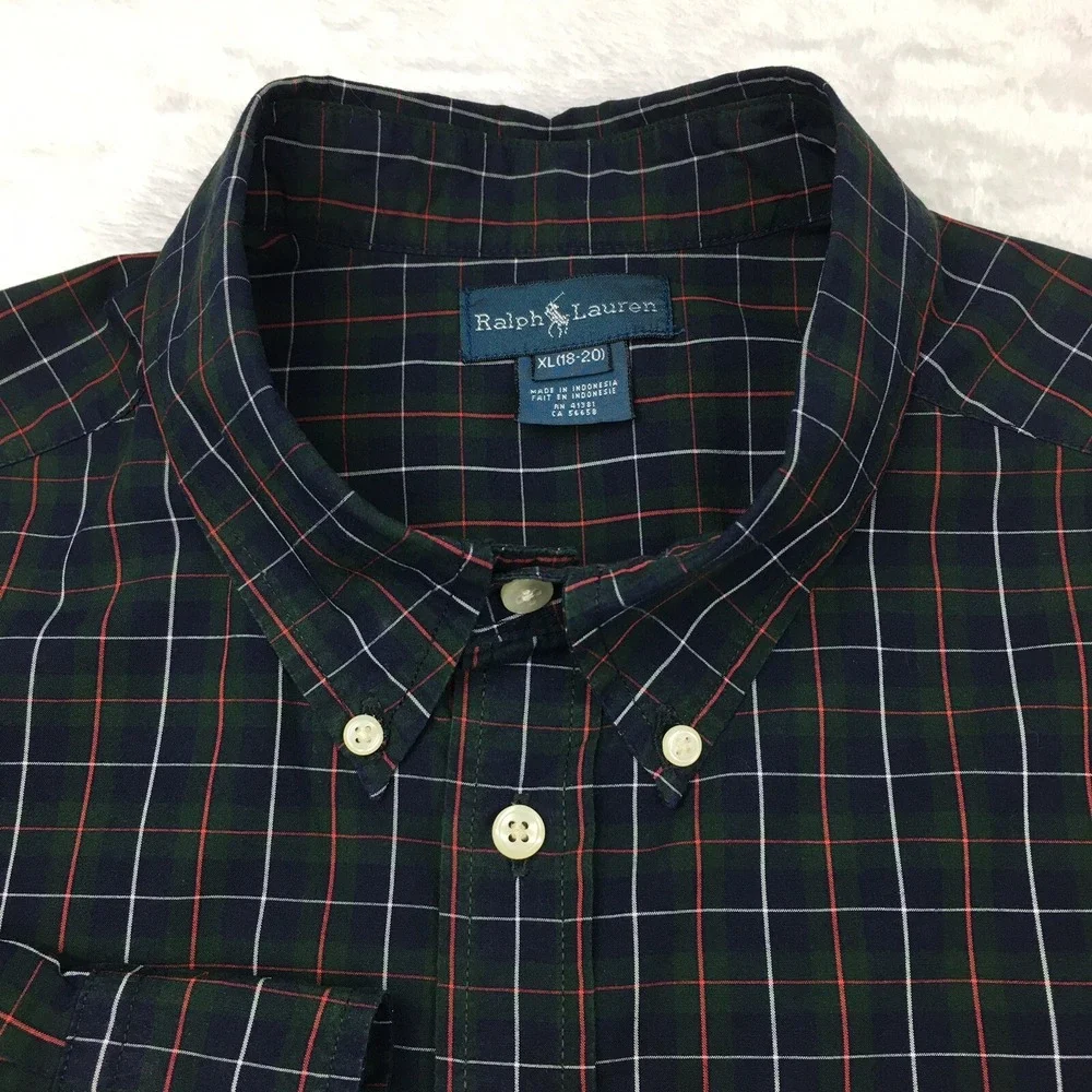 Ralph Lauren Shirt Boys XL (18-20) Navy Blue/Hunter Green Check Long Sleeves